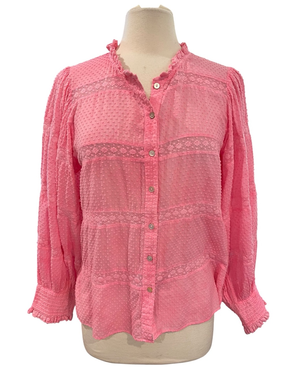 Loveshackfancy Swiss Clipped Dot Full Puff Sleeve Blouse SZ L Pink